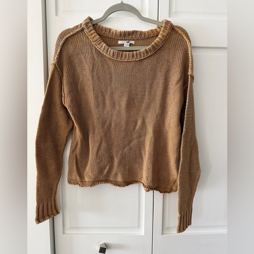 American Eagle 100% Cotton Oversized Knit Sweater XS Camel Slouchy Cozy Neutral - Picture 3 of 10